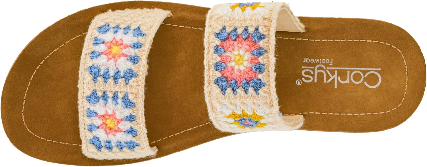Corkys Footwear Toodles Double Strap Sandal - Featuring Two Colorful Crocheted Straps, A Comfy and Cushioned Insole, Easy and Convenient Slip-On design