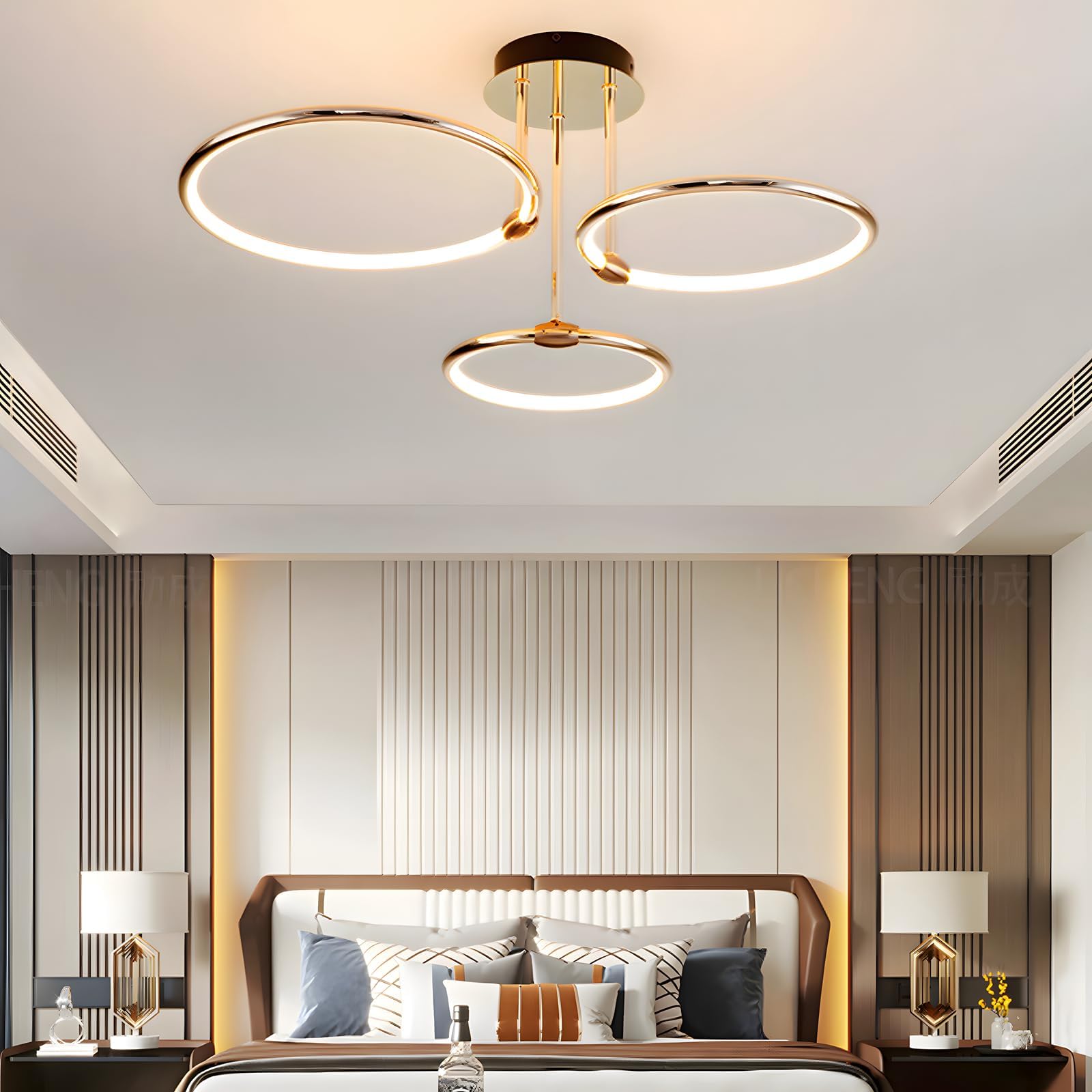 LED Deckenleuchte, Ø56cm Goldener Metallkreis Kronleuchter, 60W Stufenlos Dimmbar 3000–6000K Moderner Runder Galvanisierter Anhänger Schlafzimmer Wohnzimmer Kinder Büro Arbeitszimmer (3 Ringe)