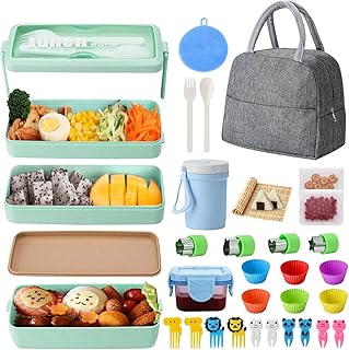 31 PCs Bento Box Lunch Box Kit, Japanese Lunch Box Set 3-in-1 Compartment w/ Soup Cup, Sushi Mat, Spoon Fork, Cake Cups, F...