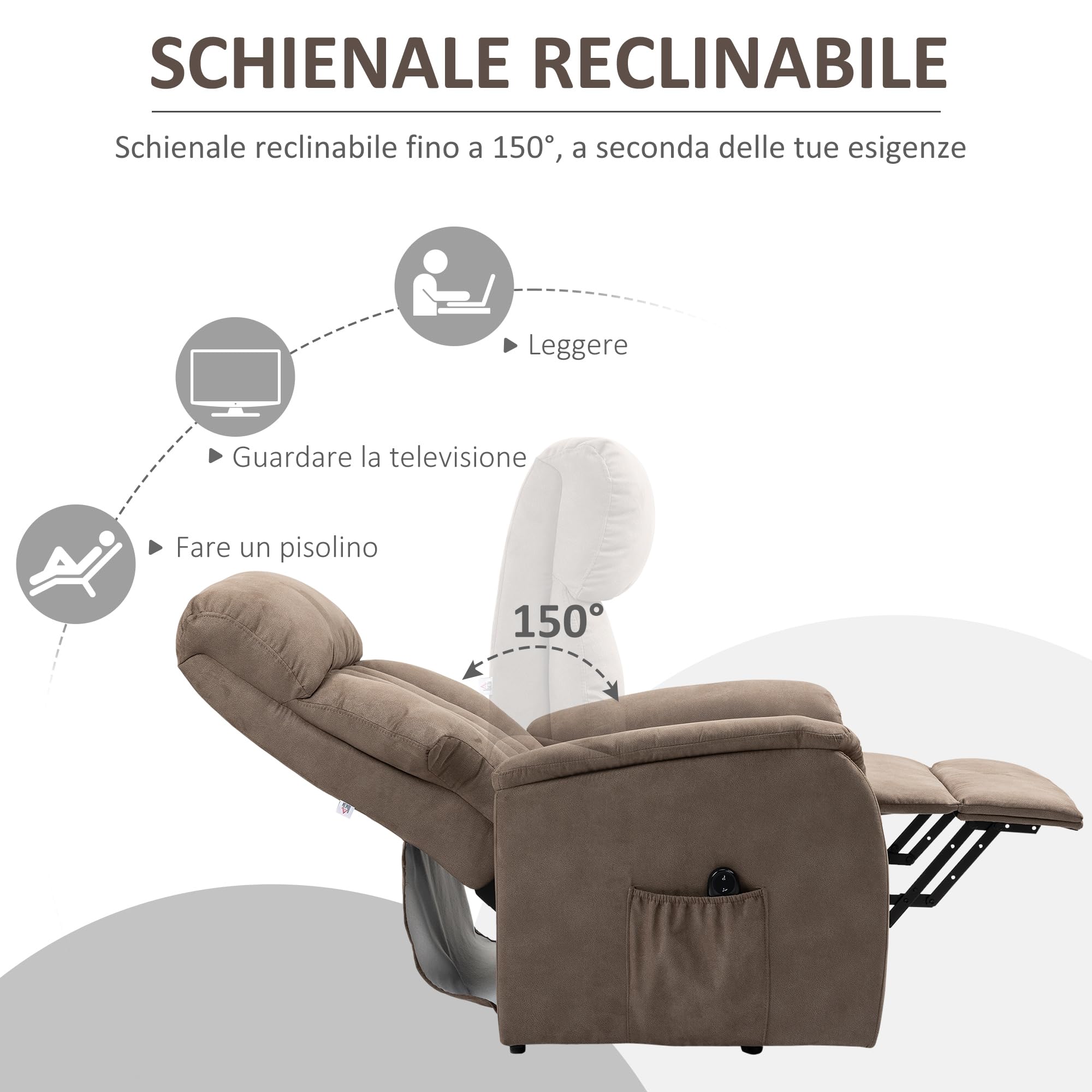 HOMCOM Poltrona Alzapersona Reclinabile 150° max con Telecomando e Poggiapiedi, 75x93x110 cm, Marrone