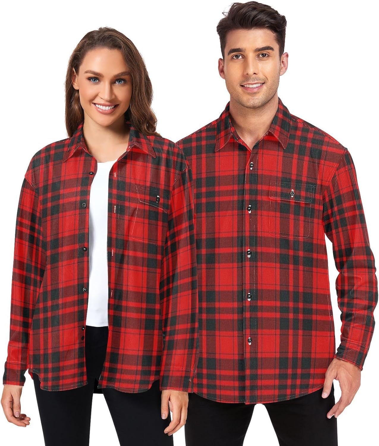 Vintage Buffalo Plaid Checked Red Woolen Cord Fabric Mens Rugby Shirts Long Sleeve for Women Sports with Pockets