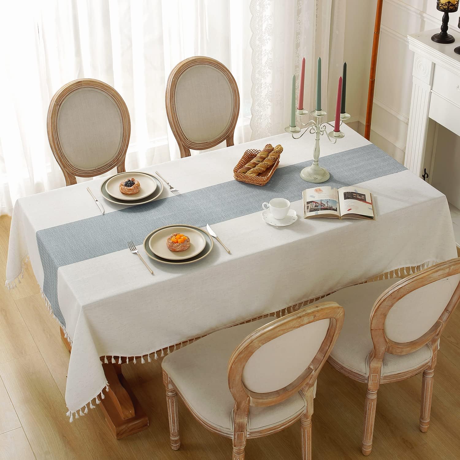 Laolitou Tablecloth for Dining Table Rustic Farmhouse Kitchen Tables Cloth Coffee Table Cover, Cotton Linen Fabric Small Rectangle Tablecloths, Beige, Blue Stripe, 55x120 Inch Blue Stripe 120" x 55" (Rectangular)