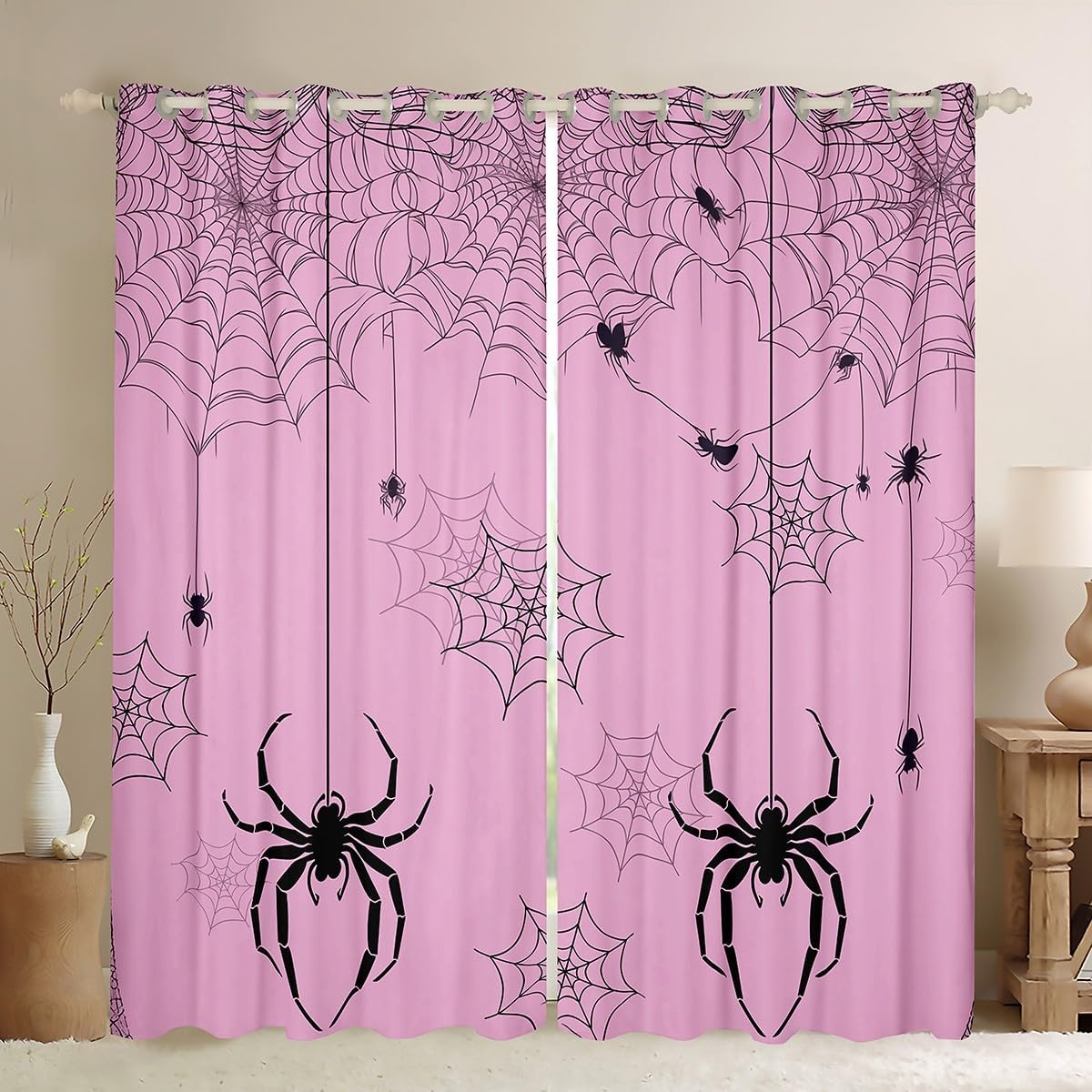 Feelyou Pink Halloween Curtains for Bedroom Living Room (2 Panels, 38 x 54 Inch) Kids Spider Web Blackout Curtains Boys Girls Teens Black Spider Darkening Drapes Animal Print Window Treatments