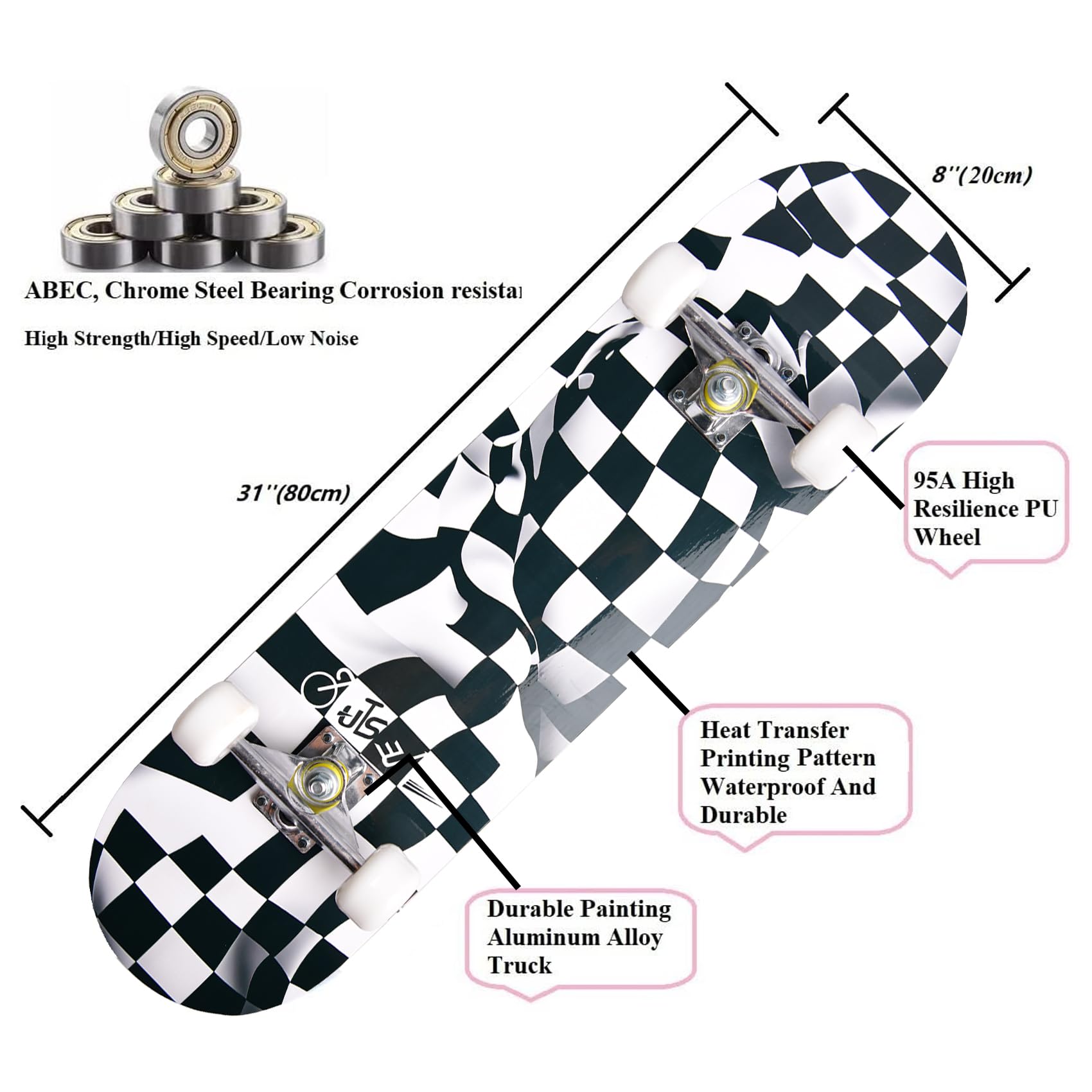 Flybar Komplett-Skateboard Für Anfänger – 7-lagiges Ahorn, Vormontiert, 78,7 X 20,3 Cm, Perfekt Für Tricks & Cruisen