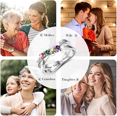 Love Jewelry Personalized Sterling Silver Mothers Rings with 4 Simulated Birthstones Engraved 4 Family Names Anniversary Rings Mothers Day Rings for Women