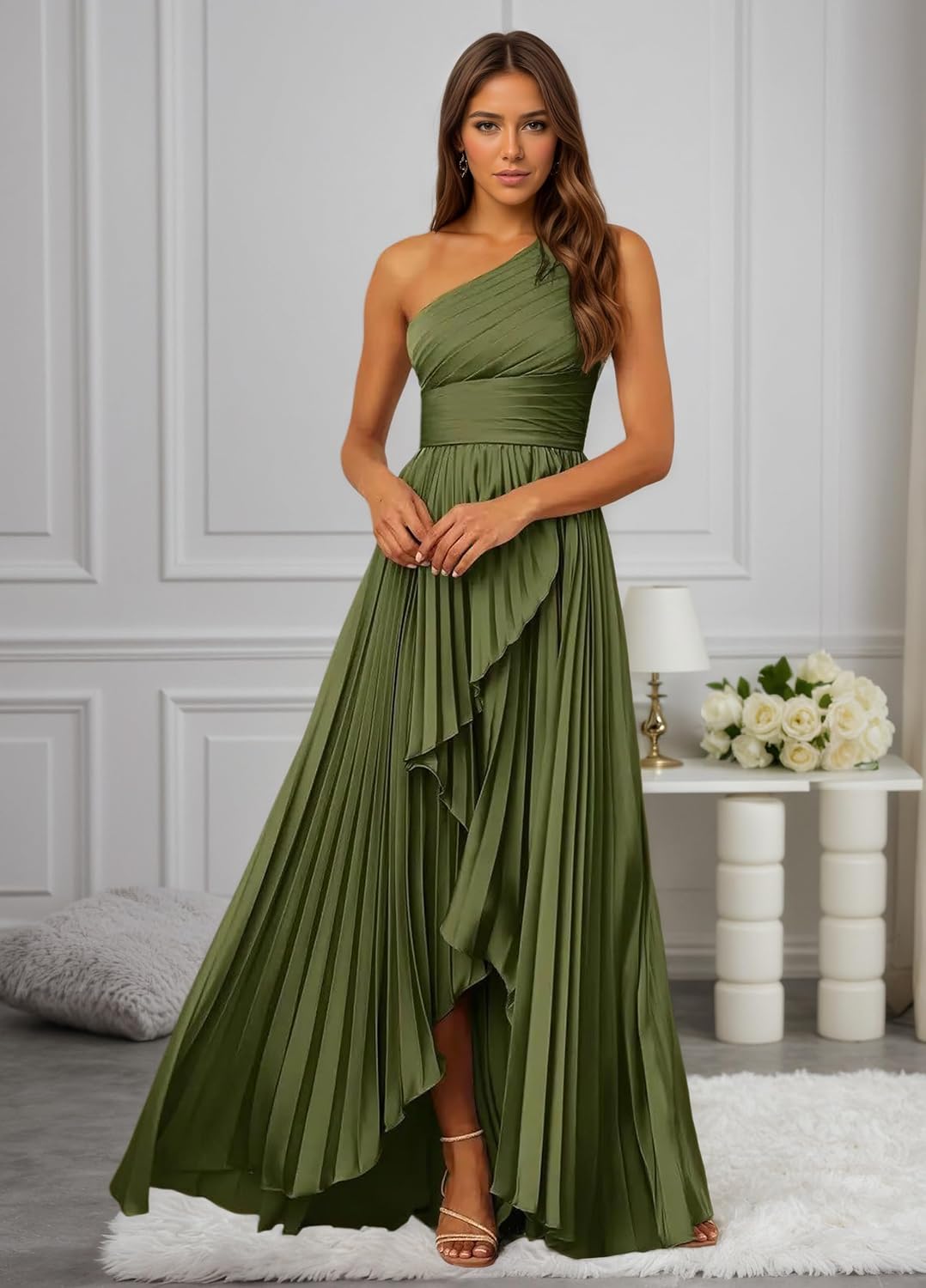 One Shoulder Bridesmaid Dresses Long for Women Satin Pleated A Line Formal Dress with Slit