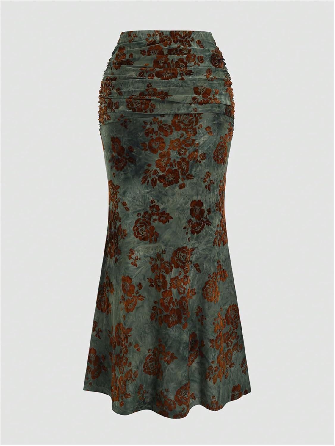 Women's Vintage Goth Floral Ruched Fishtail Long Skirt High Waisted Bodycon Maxi Skirts - Image 2