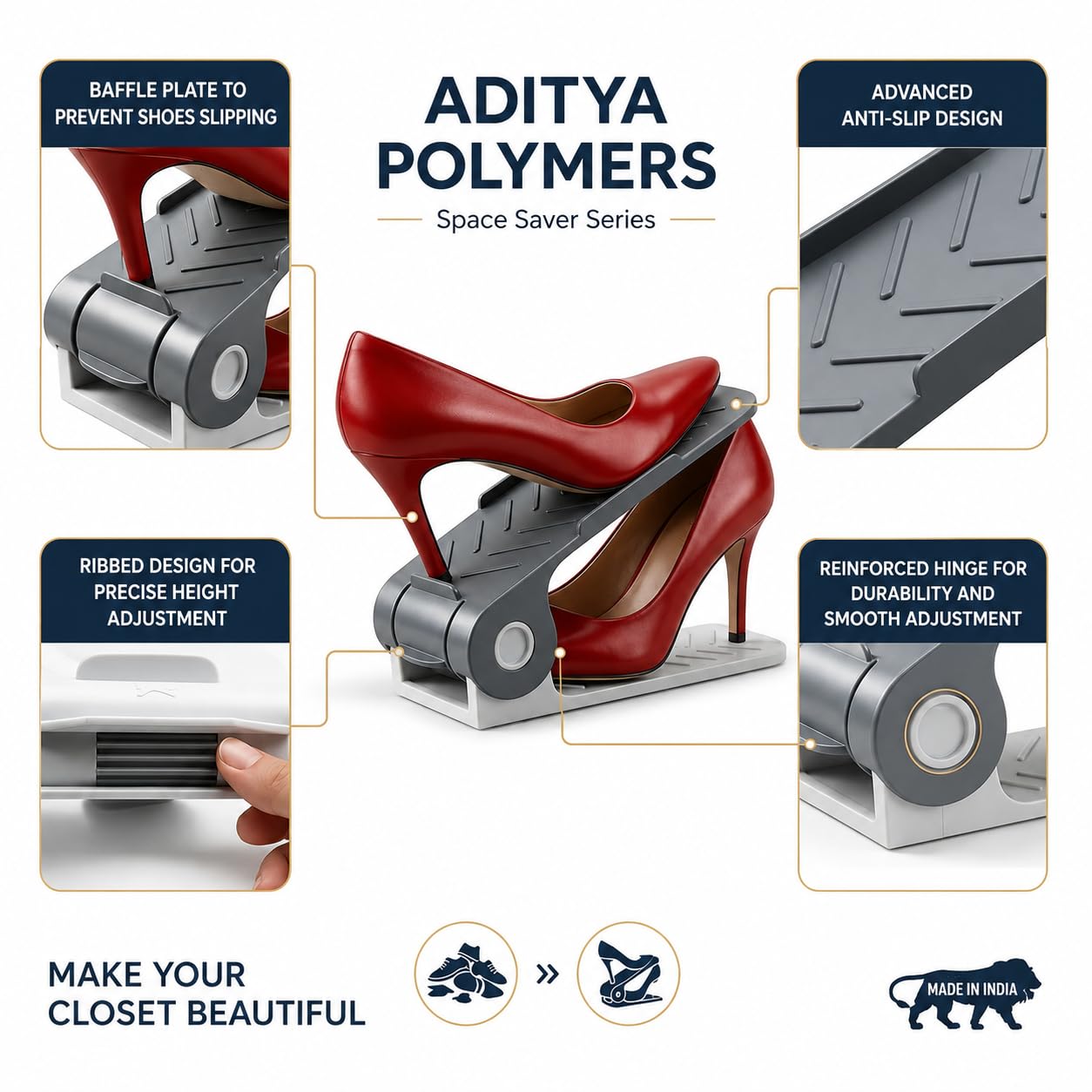 Aditya Polymers Adjustable Shoe Slot Organizer (Pack of 6, Black & White) | Double-Deck Space Saver & Stacker for Wardrobe, Closet & Shoe Rack | 4-Level Height | Anti-Slip Design 4
