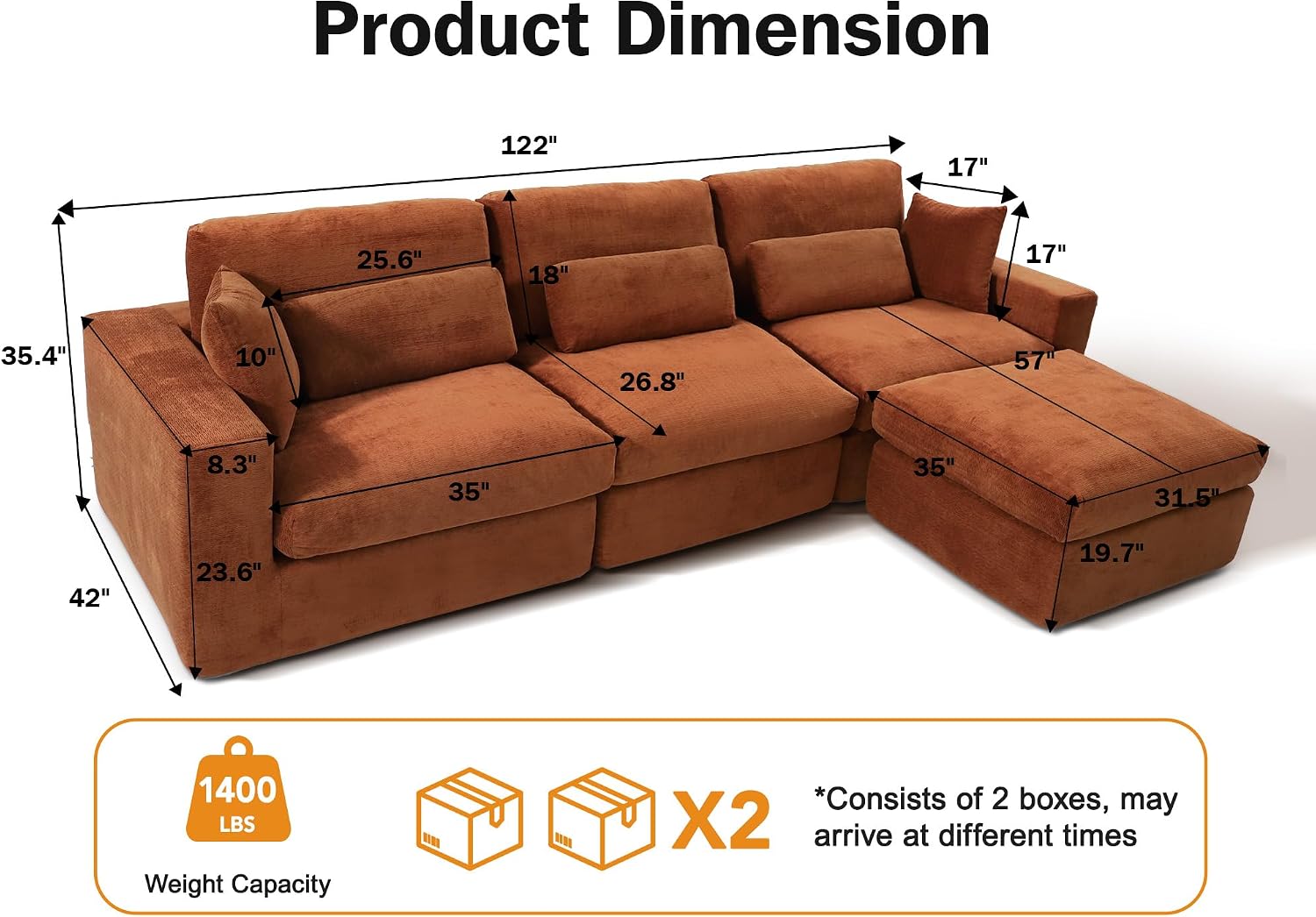WEUP 122" Oversized Modular Sectional Sofa, Boneless Couch for Living Room, Modern Comfy L Shaped Cloud Couch Sectional with Movable Ottoman, Lumbar Pillows, 26.8" Extra Deep Seat, Terracotta Orange thumbnail
