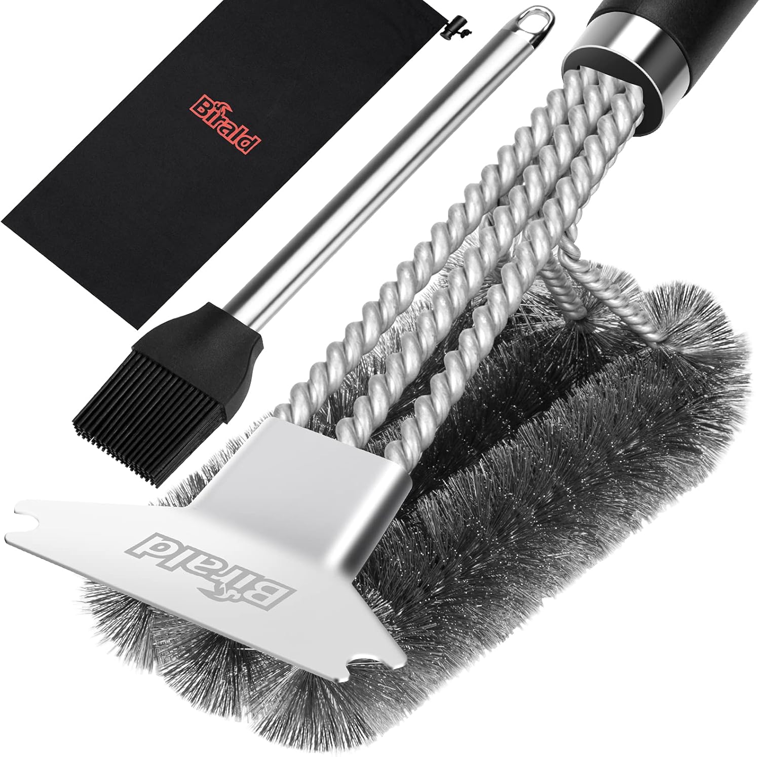 Birald Grill Brush and Scraper - Extra Strong BBQ Cleaner Accessories - Safe Wire Bristles 18" Stainless Steel Barbecue Triple Scrubber Cleaning Brush for Weber Gas/Charcoal Grilling Grates: Kitchen & Dining