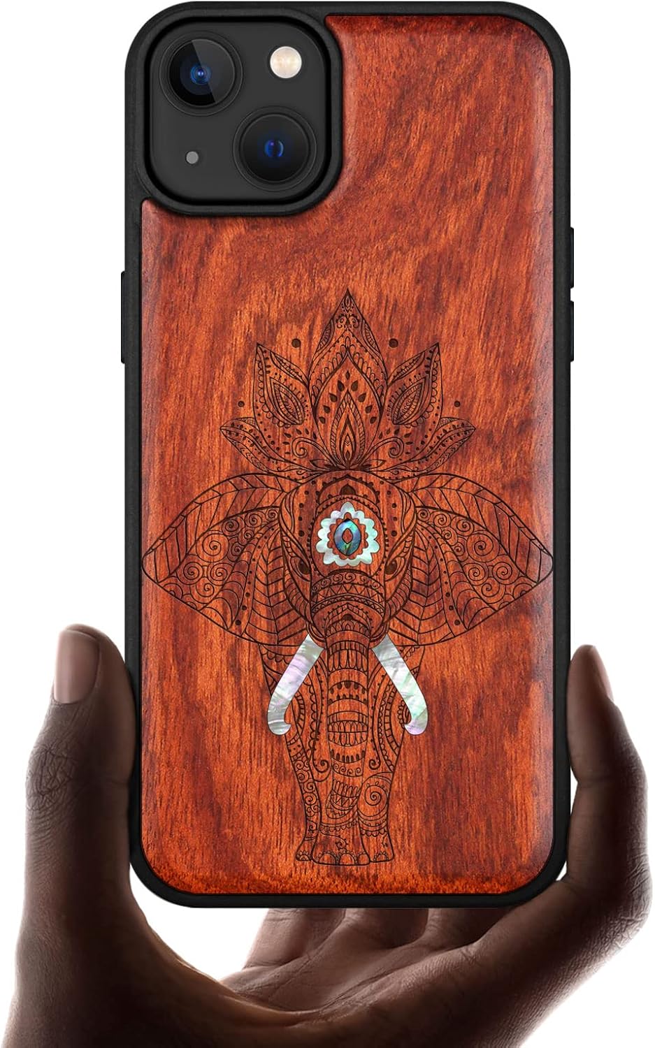 Carveit Designer Wooden Protective Magnetic Case for iPhone 14 Plus Case [Wood Engraving & Shell Inlay] Wood Phone Cover Compatible with 14 Plus MagSafe 6.7 Inch (Elephant-Blackwood)