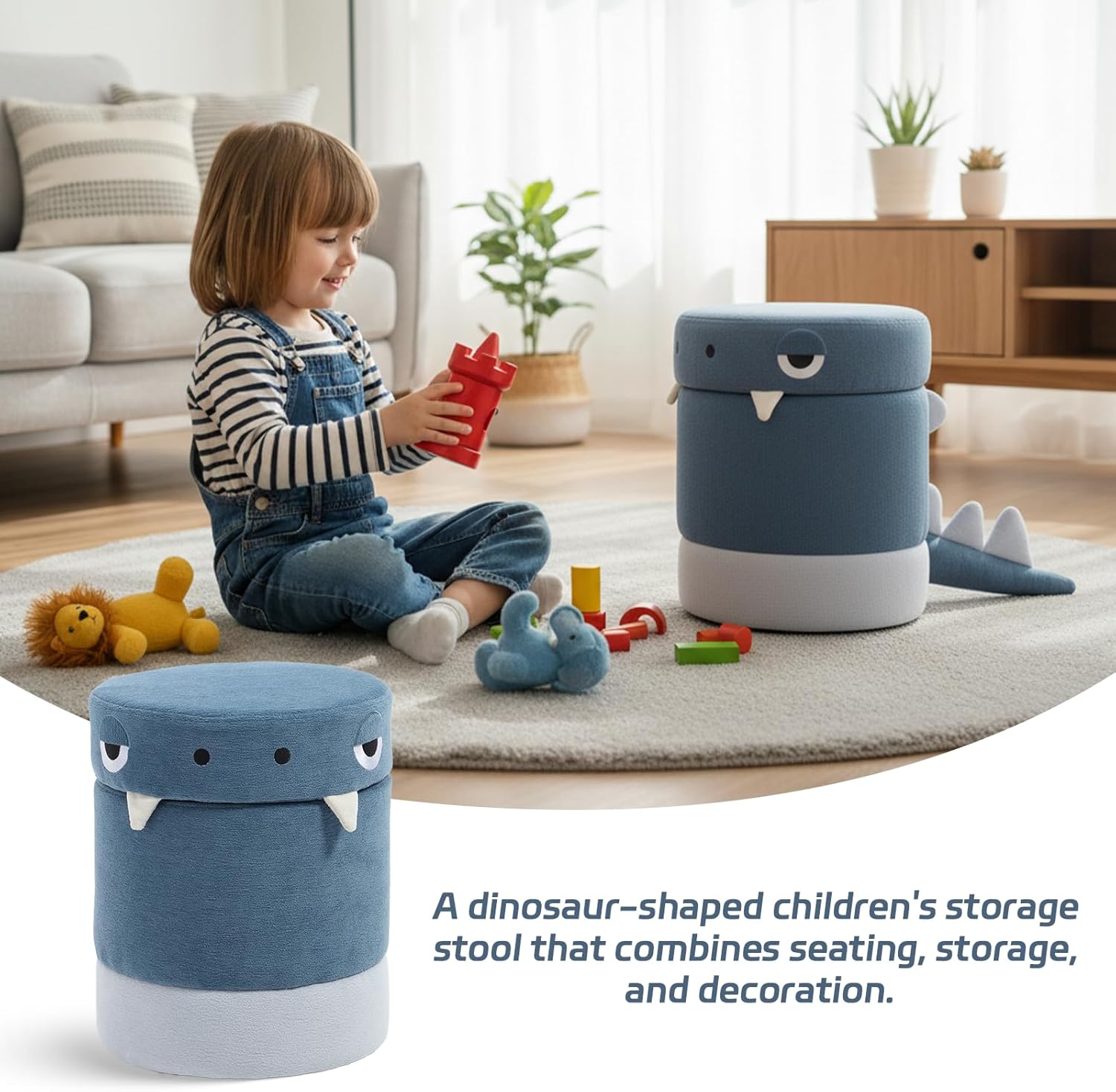 Toddler Chair, Kid Desk Chairs, Kid Furniture with Storage Ottoman, Dinosaur Storage Chair, Children Cute Desk Chair, Small Multi-Purpose Footstool for Playroom & Bedroom, Blue