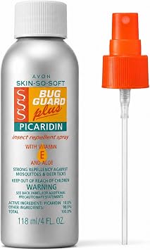 AVON Skin So Soft Bug Guard Plus Picaridin Insect Repellent Spray Long-Lasting, DEET-Free Bug Spray with Vitamin E & Aloe Non-Greasy, Travel-Ready Bug Repellent for Families, 4 fl oz Pump Spray