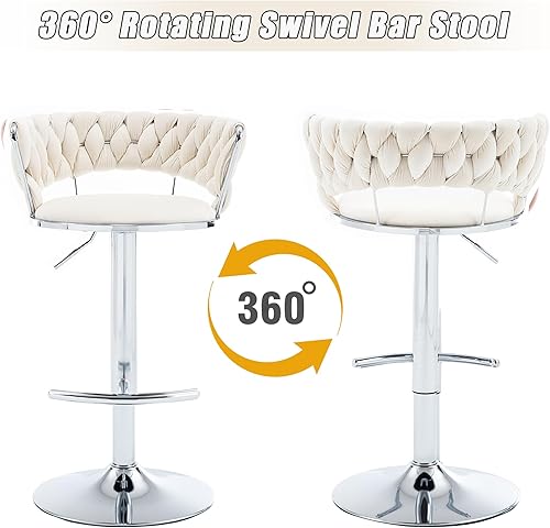 Miniatura 29 de Juego de 2 taburetes de bar de terciopelo giratorios con base de metal dorado, taburetes de bar modernos de altura de mostrador para cocina, pub,