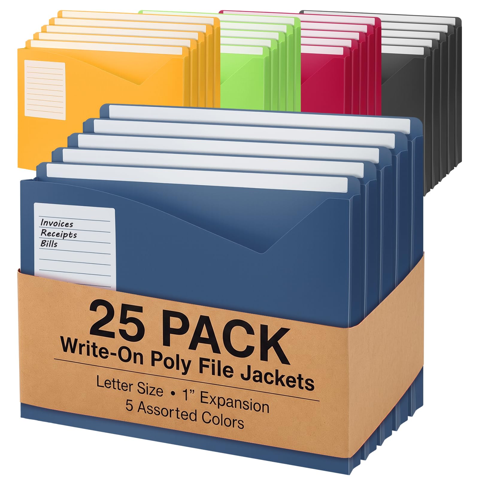 Sabary Confezione da 25 buste portadocumenti in poliestere, formato lettera, 2,5 cm, con linguette scrivibili, per ufficio, legge, clienti, documenti, banconote, ricevute (colori assortiti)