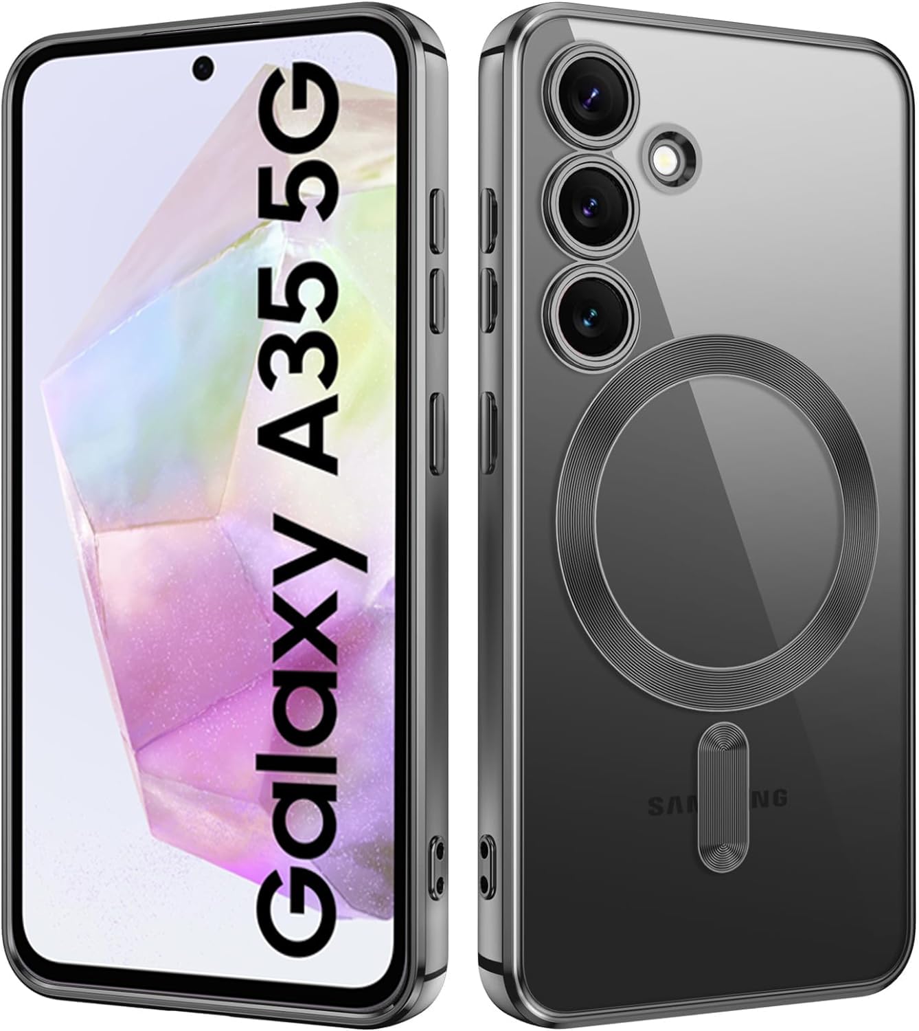 VONZEE Clear Logo Electroplating Transparent Case for Samsung Galaxy A35 5G, Magnetic Plating Electroplate TPU Cover, Individual Camera Protection for Each Lens- Black