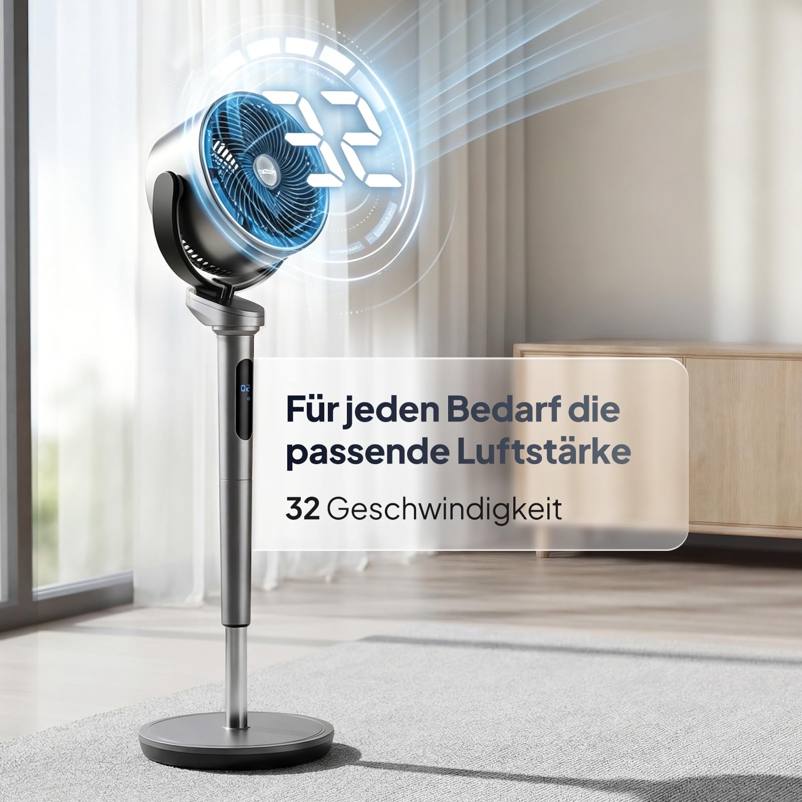 Bonnlo Standventilator mit Fernbedienung & Touchpanel, Ventilator Leise 40dB, Fan 98-115 cm Höhenverstellbar, 120° (V) & 60~120° (H), 3 Modi, 32 Geschwindigkeiten 12H-Timer, LED