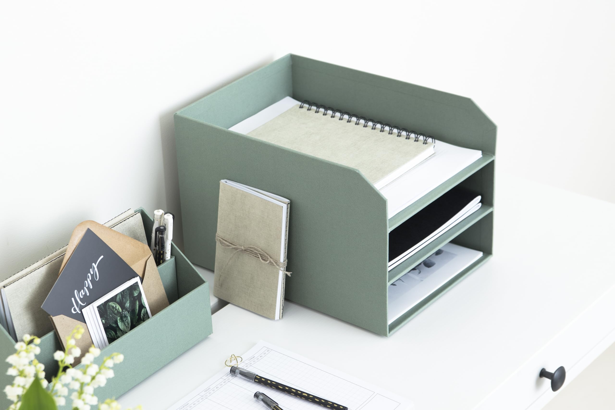BIGSO Trey 3-stufige Briefablage – praktische Ablagefläche für Briefe, Dokumente in DIN A4-Format – Ordnungssystem aus Faserplatte mit Papier in Leinenoptik – mintgrün