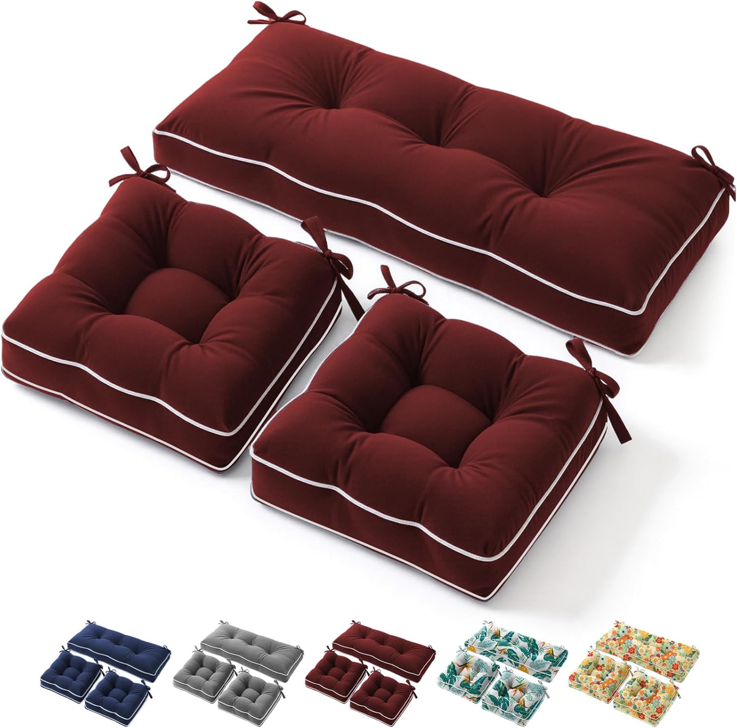 Heavy Duty Outdoor Wicker Chair Cushions 3 Pieces Set with Piping, Waterproof Thickened Patio Wicker Furniture Chair Cushion, 1 Loveseat and 2 U-Shape Wickers Cushions, Yellow-Green Leaves