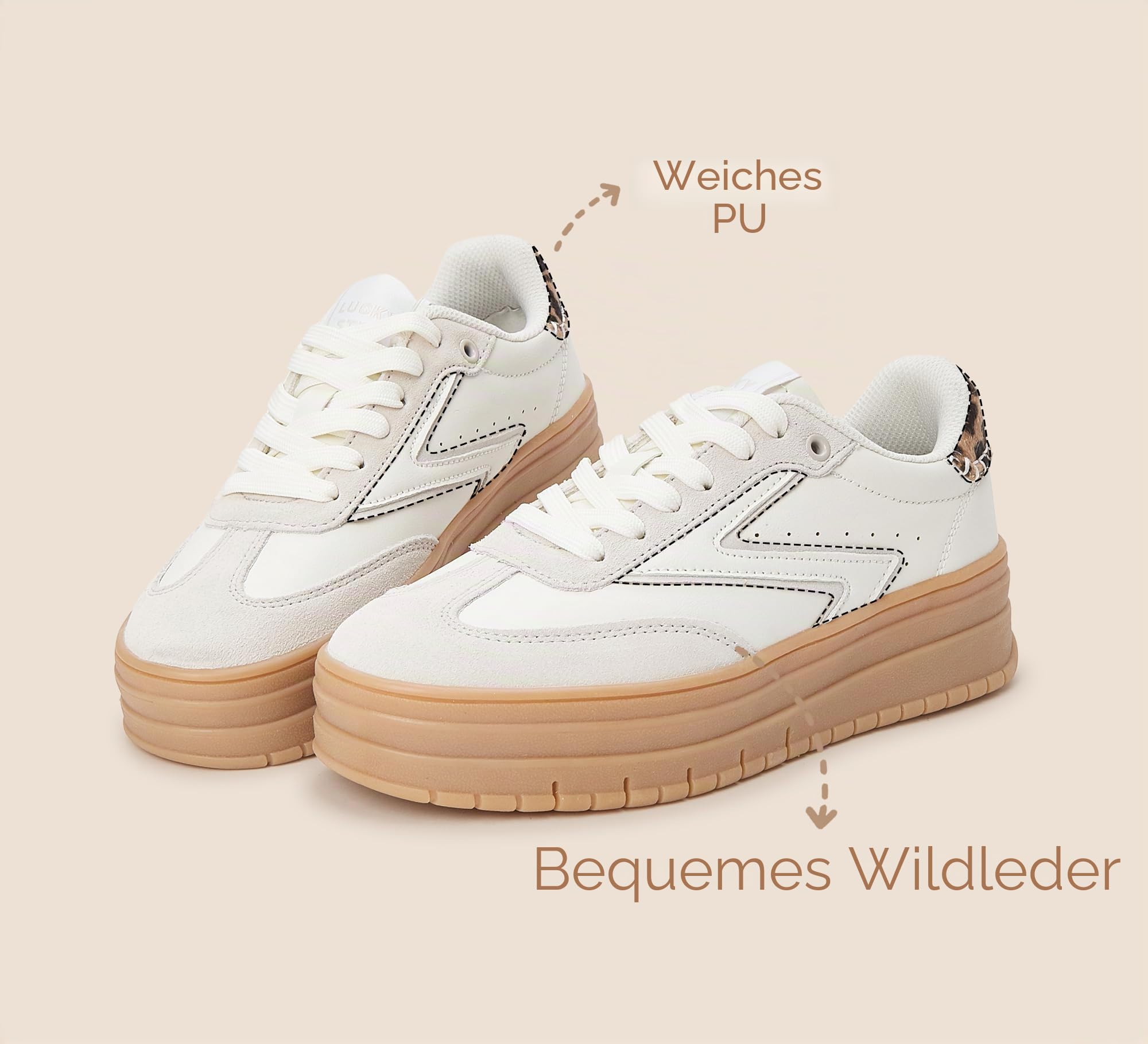 LUCKY STEP Damen Plateauschuhe mit Gummisohle & Wildleder - Retro Design, Dicke Laufsohle für Tennis & Alltag