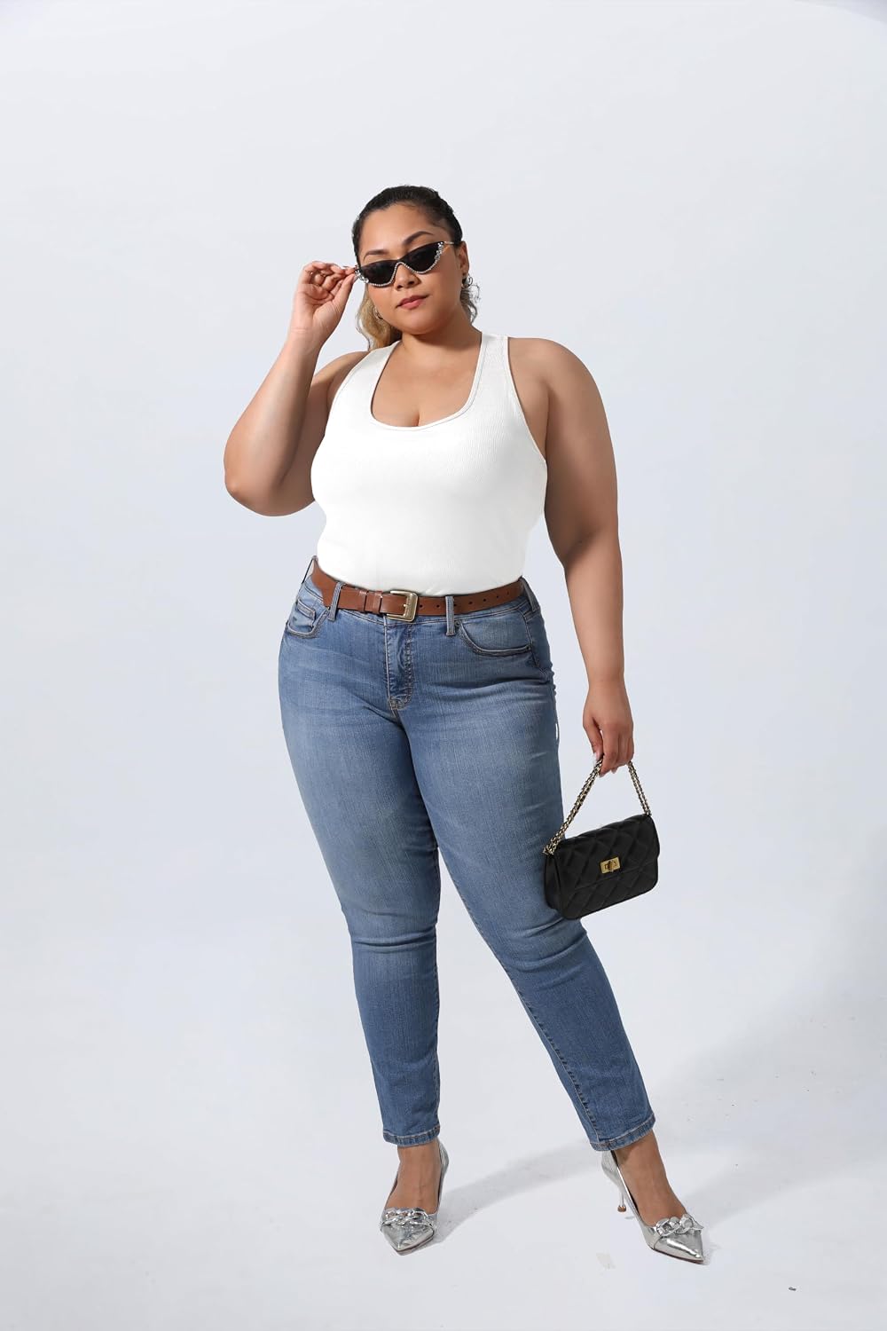 Plus Size Racerback Women's Tank Tops Built in Bras Curved Hem