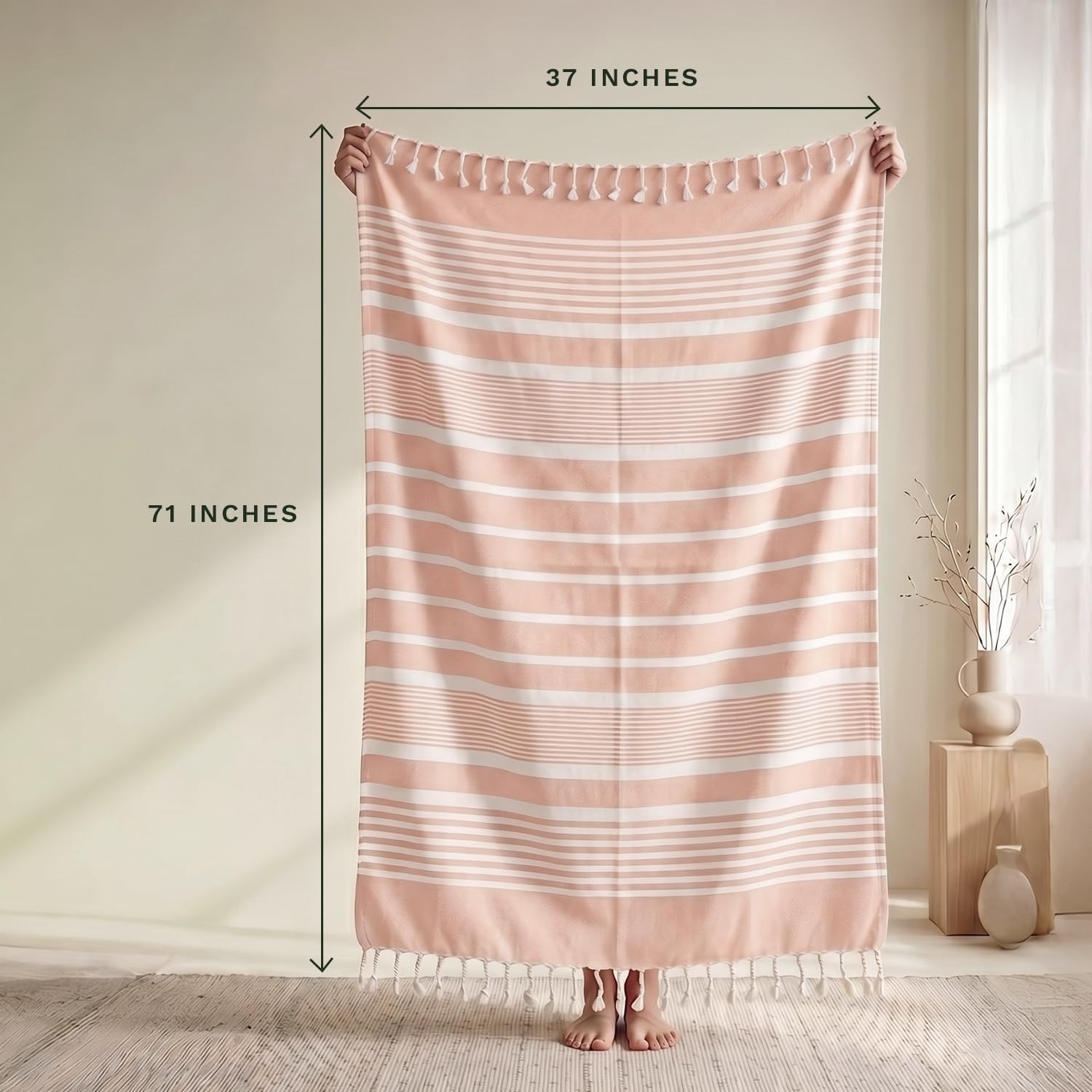 Thin Beach Towels of Organic Cotton - Quick Dry, Peach Color, Sand Free, Lightweight, Extra Large, Cute Turkish Beach Towels for Women - Peach (71"x37") image 4