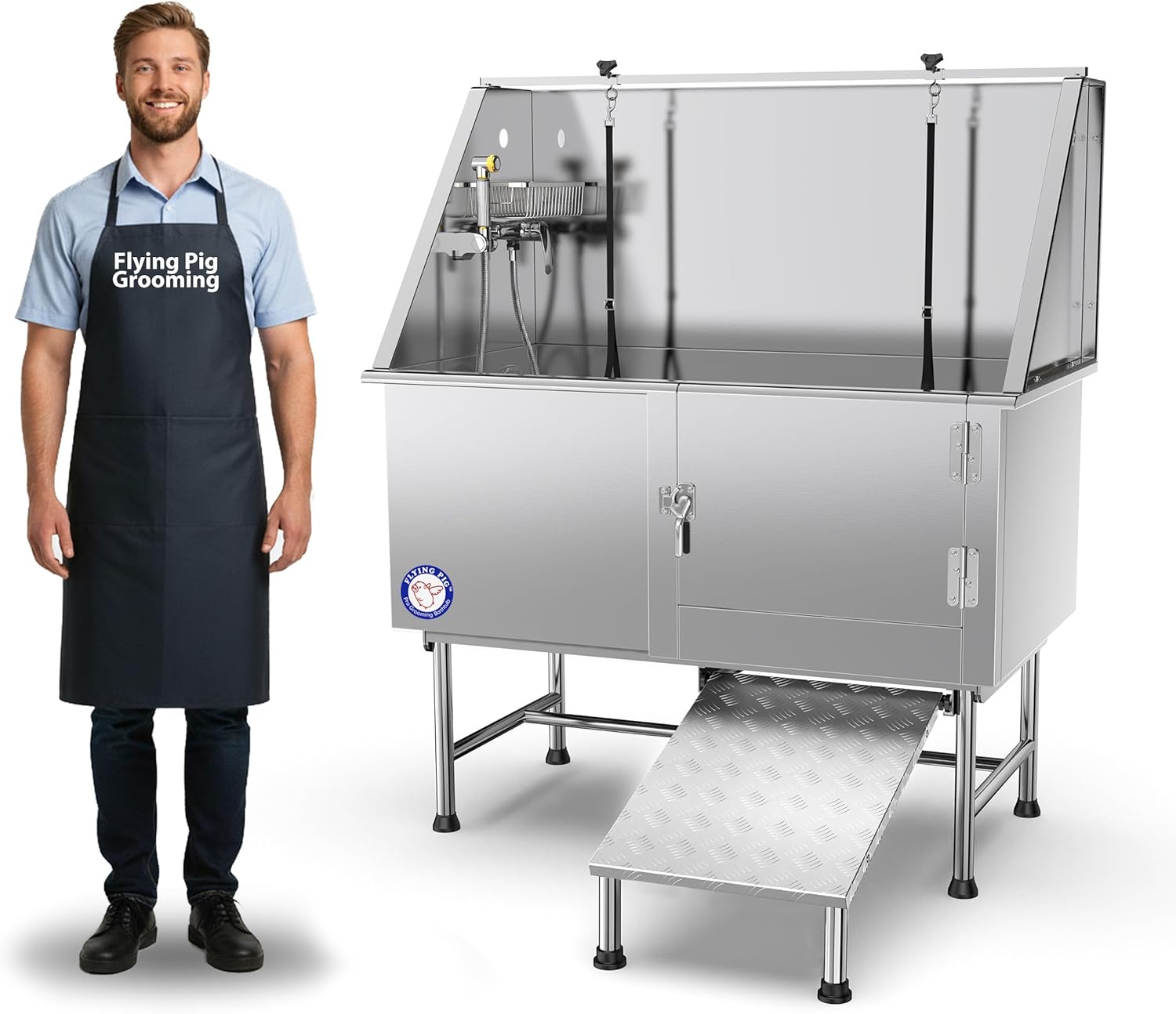Flying Pig 50" Stainless Steel Pet Dog Grooming Bath Tub with Walk-in Ramp & Accessories (Left Door/Right Drain)