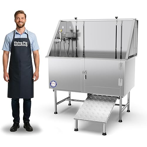 Flying Pig 50" Stainless Steel Pet Dog Grooming Bath Tub with Walk-in Ramp & Accessories (Right Door/Left Drain)