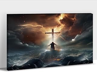 ANRUOXI Framed Jesus Wall Art, Jesus Walking Into Sea Storm Canvas Christian Religious Canvas Wall Decoration, Christ Picture Poster Printing Living Room Painting Bedroom Church Decor 28" Hx40 W Inch