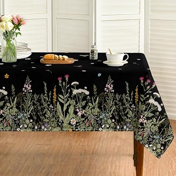 Horaldaily Spring Tablecloth 60 x 84 Inch Rectangular Black Wild Flower