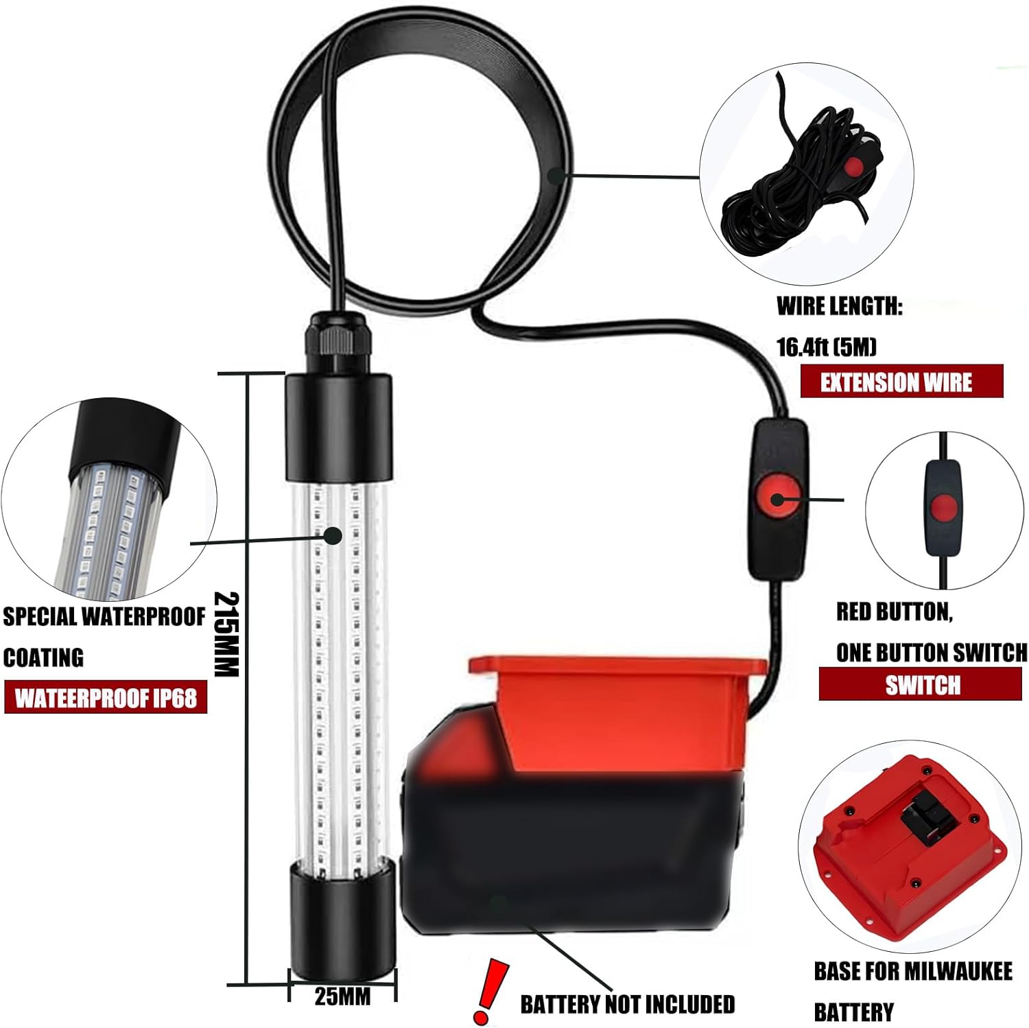 Underwater LED Fishing Light Compatible for Milwaukee 18V Battery,15W 1500LM M18 Green Lights,IP68 Waterproof Fish Light Attractants with 5m Cord for Docks Boats,Kayaks Night Fishing (Tool Only)
