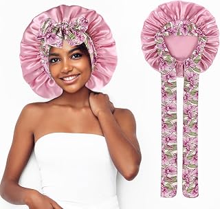 Ouligay Satin Sleep Cap Hair Bonnet Hair Wrap for Sleeping Satin Hair Bonnets Shower Caps for Women Shower Cap with Band for Curly Hair Sleeping(Pink)