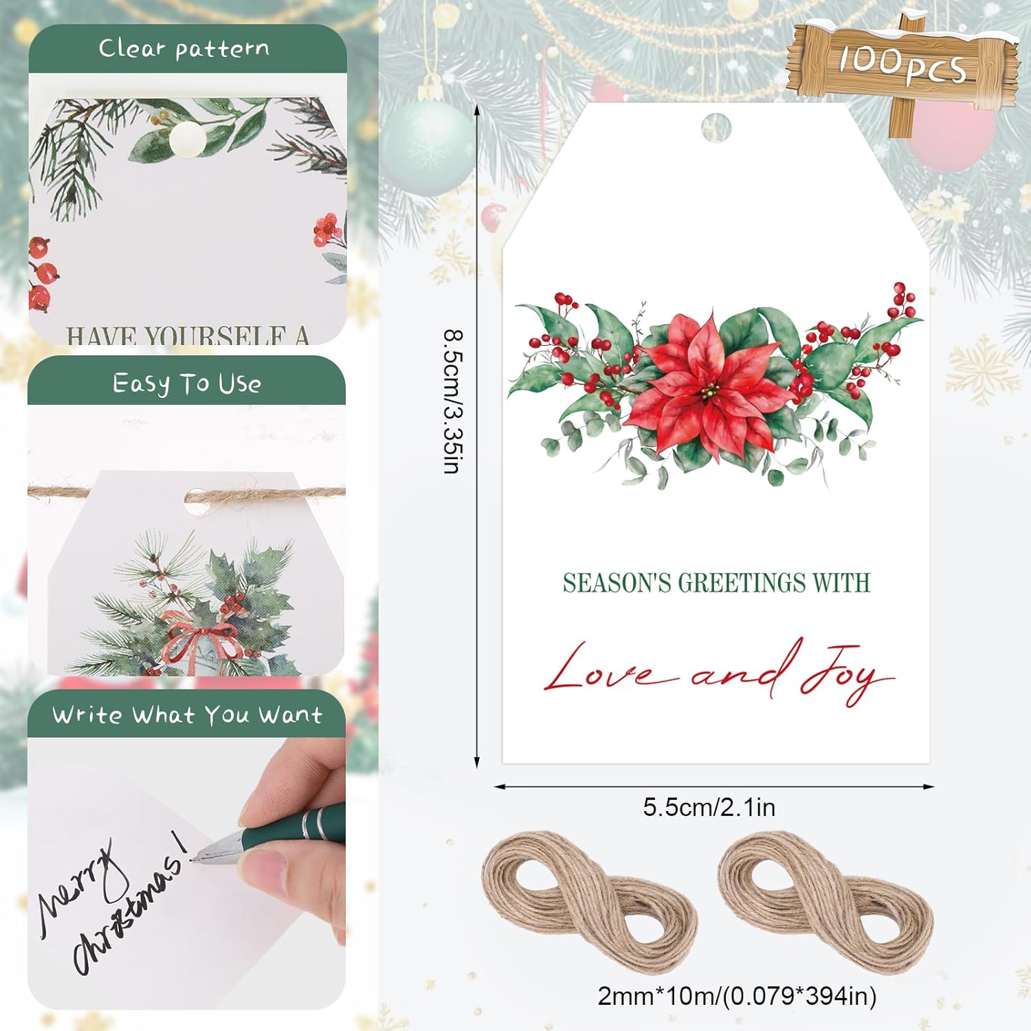 100PCS Christmas Gift Tags 10 Styles Watercolor Christmas Tree Pinecone Tags with String Celebrations Tag for Present Wrapping Xmas Holiday Seasonal Party Favors - Image 2