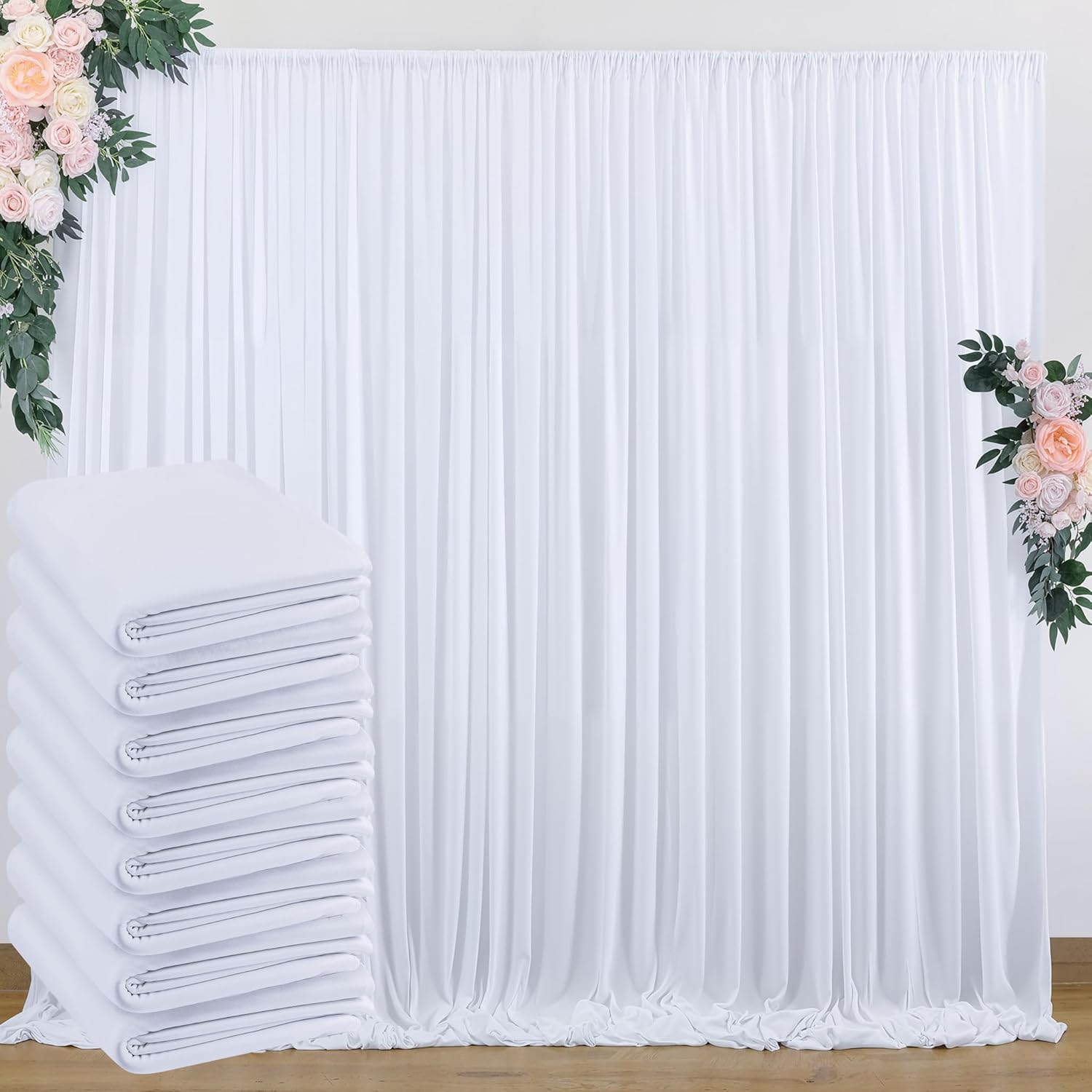 40 ft x 10 ft Wrinkle Free White Backdrop Curtain for Wedding Parties, Polyester Photo Backdrop Drapes for Baby Shower Birthday Party Backdrop Stand, Bulk Thick Background Curtains, 5x10FT 8 Panels