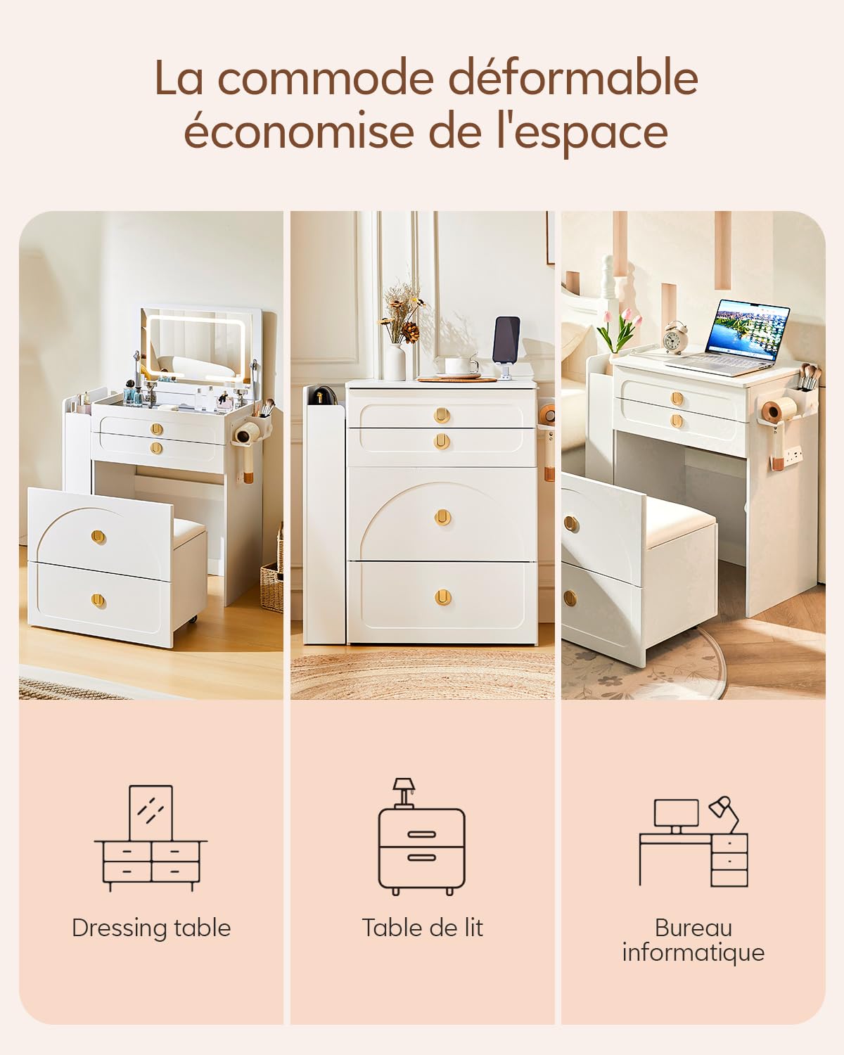TUKAILAI 3 in 1 Schminktisch mit Klappspiegel Kosmetiktisch mit sichtbarer Glasplatte, 3 Schubladen, Seitiger Stauraumund, Aufbewahrungshocker, Vanity Table für kleine Räume Schlafzimmer, Weiß