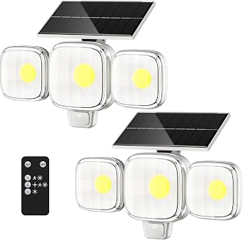 CINOTON Solar Motion Sensor Outdoor Lights, 3 Modes with Remote, 2 Pack | IP65 Waterproof LED Security Flood Light, 3 Head 270 Wide Angle, Solar Powered Outside Wall Light, for Garden Patio Yard