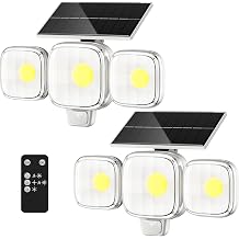CINOTON Solar Motion Sensor Outdoor Lights, White, 2 Pack | 3 Modes, LED Security Flood Light, Remote Control, IP65 Waterproof, Solar Powered