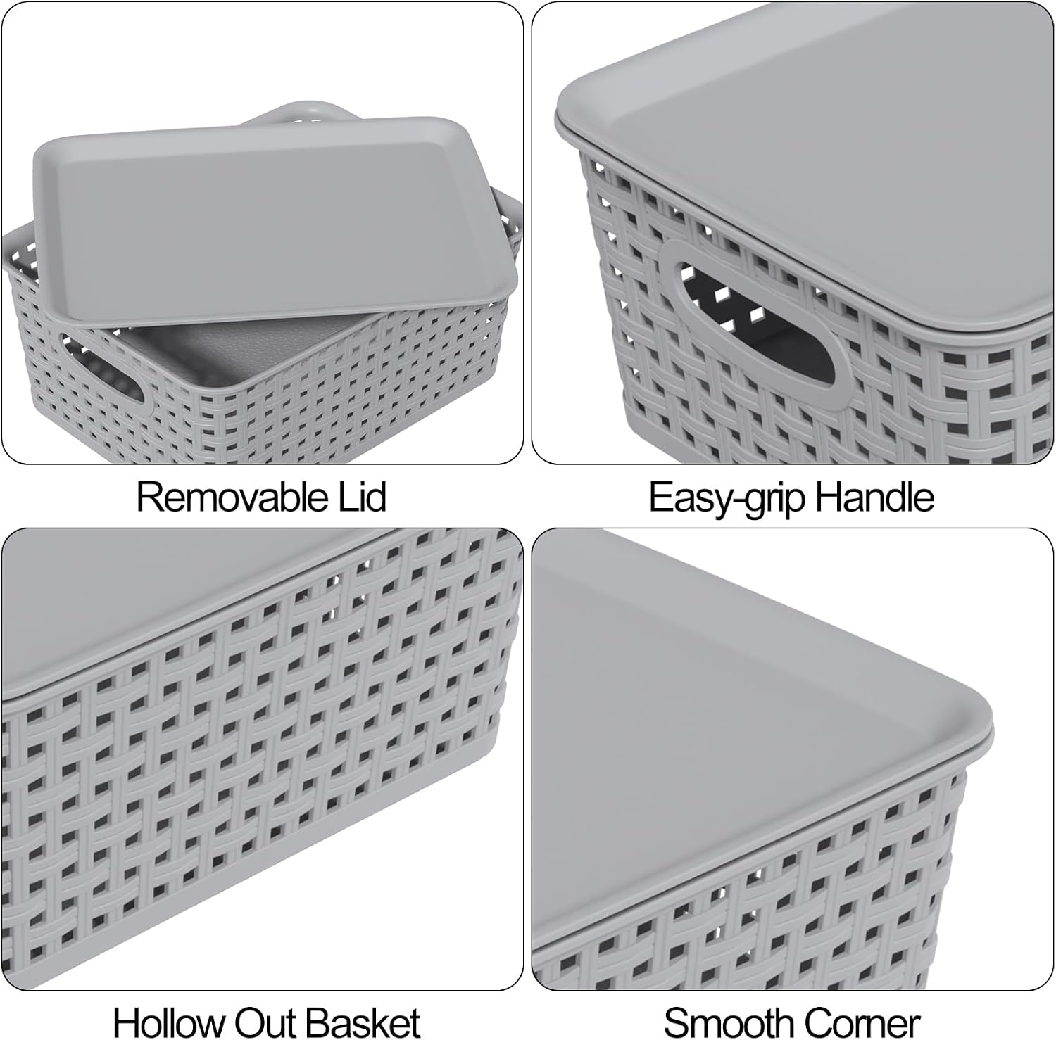 Wekioger Small Plastic Woven Basket, 6 Pack Grey Lidded Storage Basket Bins | Stackable