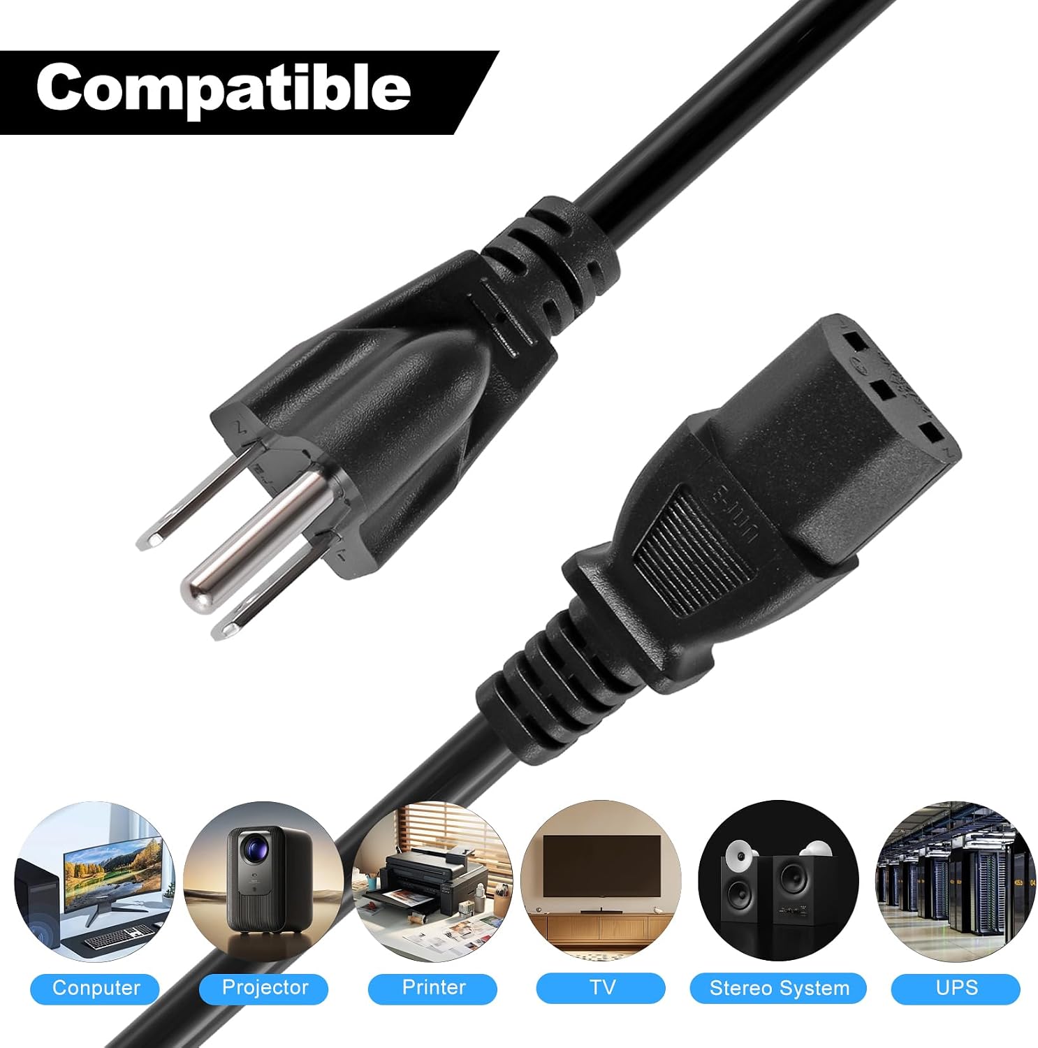 [2-Pack] 1FT Premium Replacement AC Power Cord - VSEER 18AWG Universal 3 Prong Computer TV Power Cord for NEMA 5-15P to IEC320 C13 Cable, 0.3M / Black (1 FT)
