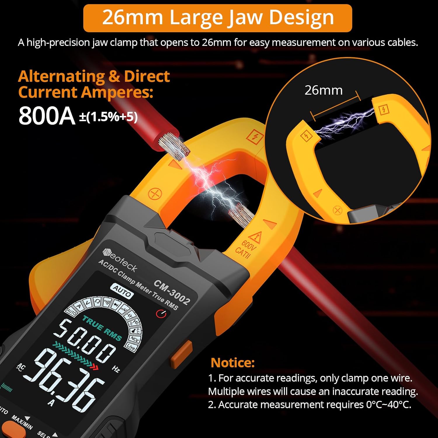 Neoteck Clamp Meter 6000 Counts Clamp Multimeter 800A AC/DC Current Auto Selection Color Screen TRMS Voltage,Capacitance,Continuity,Resistance,NCV,Diode,Frequency for Home,Auto,Industrial,HVAC