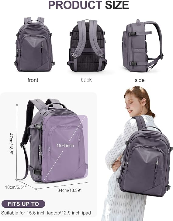 BJLFS Large Waterproof Travel Backpack, Carry On Hiking Rucksack, Purple