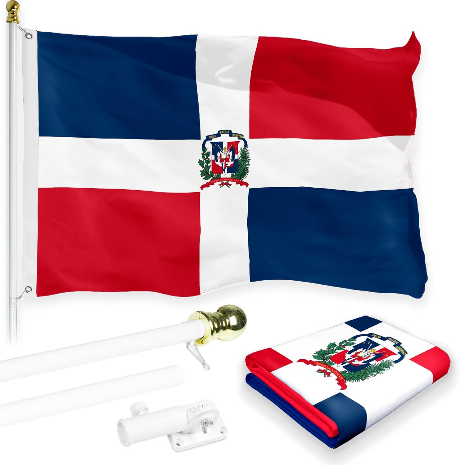 G128-6 Feet Spinning Flagpole (White) Dominican Republic 150D Flag Brass Grommets Printed 3x5 ft (Flag Included) Aluminum Flag Pole