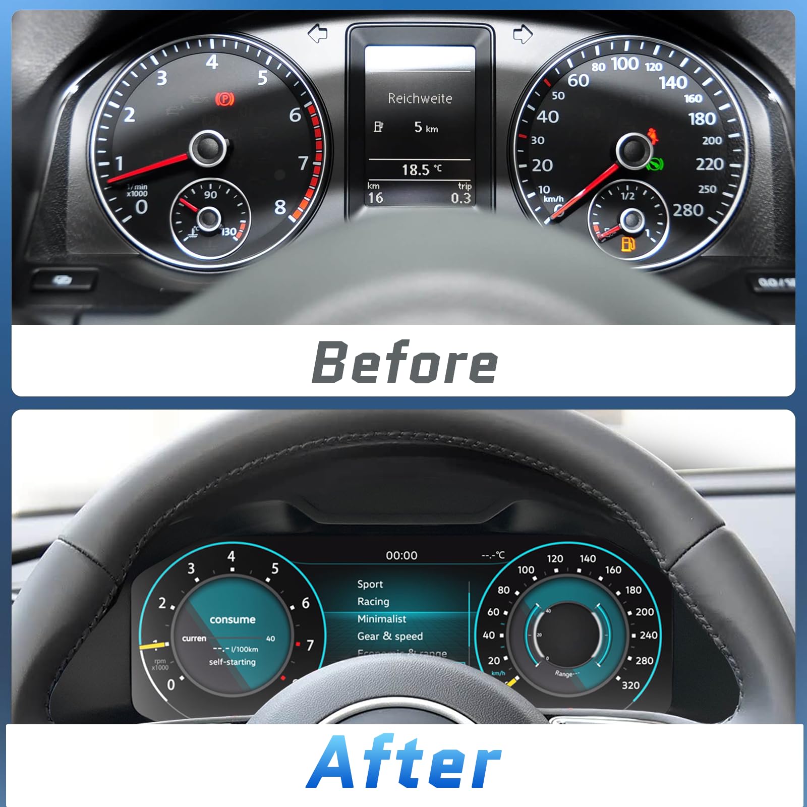 Digitales Armaturenbrett, Kfz-Ersatzinstrumententafel-Anzeigen, Tacho-Ersatz-Kombiinstrument für VW T6 2016-2020 Jahre, Digitaler Kombiinstrument-Tachometer - 12,3 Zoll