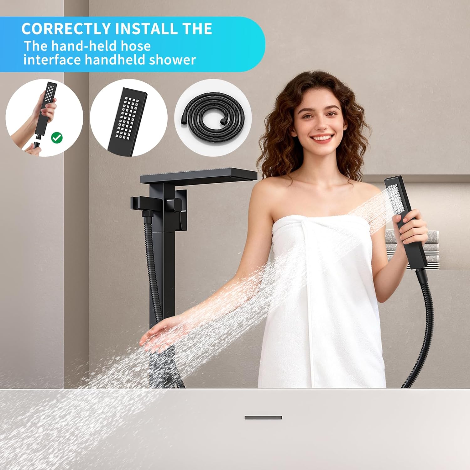 Freestanding Bathtub Faucet with Handheld Spray Single,High Flow Waterfall Bath Shower Faucet,Floor Mount Bathtub Faucet Swivel Flat Waterfall Spout Matte Black
