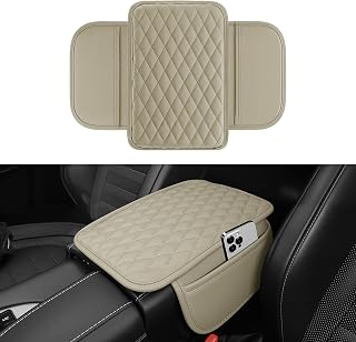 Car Center Console Cover, Leather Car Armrest Cushion with 2 Storage Pockets, Universal Waterproof Cushion Pad, Non-Slip Car Interior Accessories, Fits Most Sedans SUVs Trucks (Light Beige)