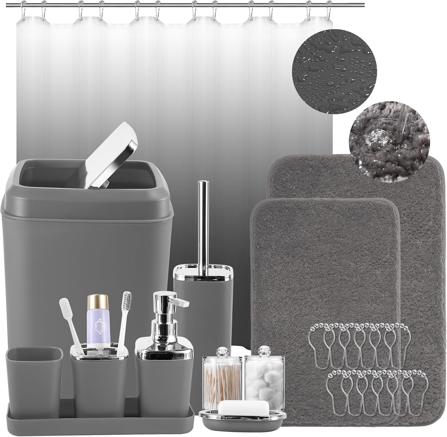 Grey Bathroom Accessories Set, Bathroom Sets with Shower Curtain and Rugs, Trash Can, Tray, Soap Dispenser, Soap Dish, Toothbrush Holder, Toothbrush Cup,Toilet Brush and Qtip Holders for Home