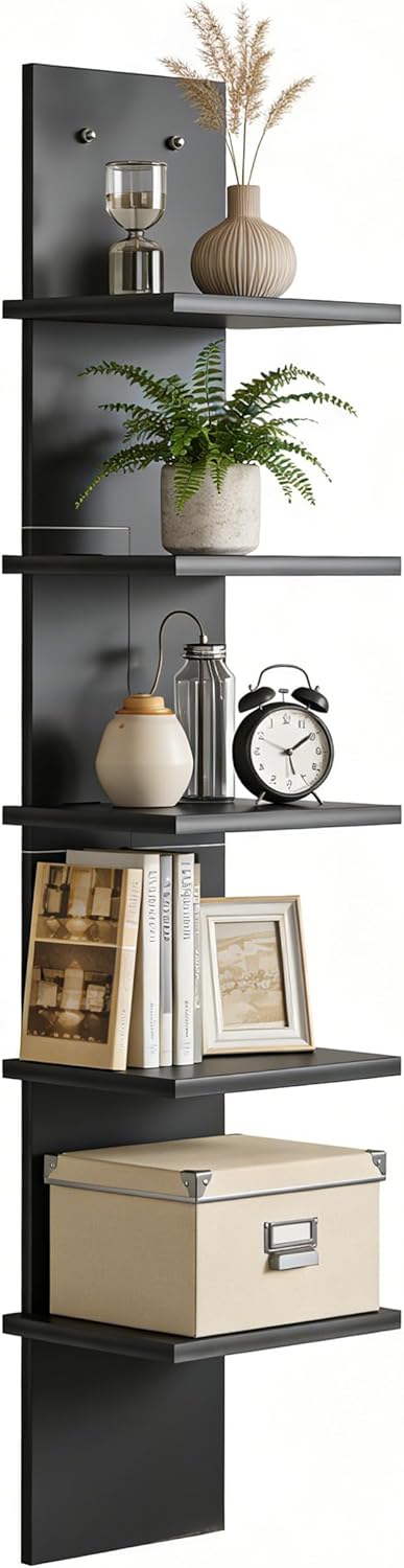 Ladder Shelf, 5-Tier Wall Mounted Bookshelf, Modern Simple Storage Rack,Easy to Install, for Living Room, Bedroom & Study, Black