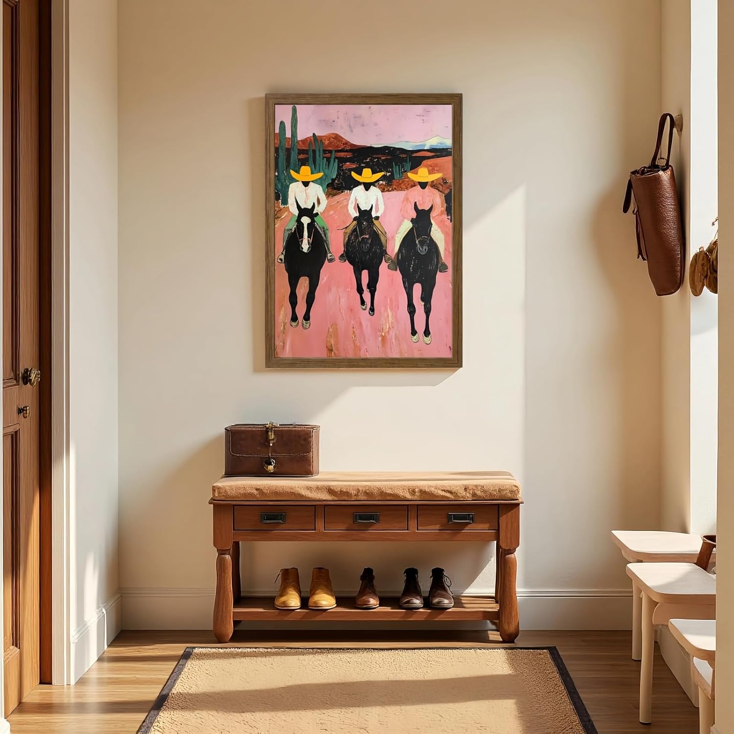 Western Cowboy Canvas Wall Art Southwestern Black Cowboy Desert Cactus Wall Decor Pictures Mid Century Modern Rustic Posters Abstract Horse Prints for Living Room Bedroom 16x24 Inch Framed