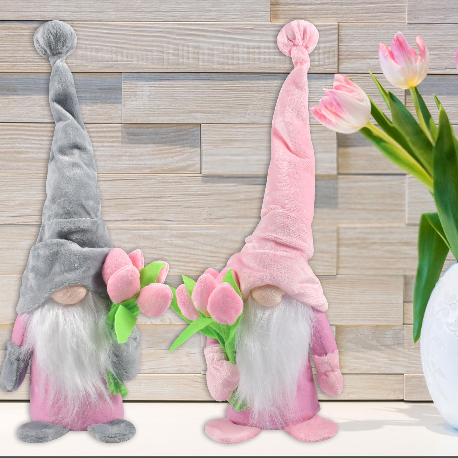 Gnomi Con Tulipani Primaverili - Decorazione Morbida Per Casa E Regalo