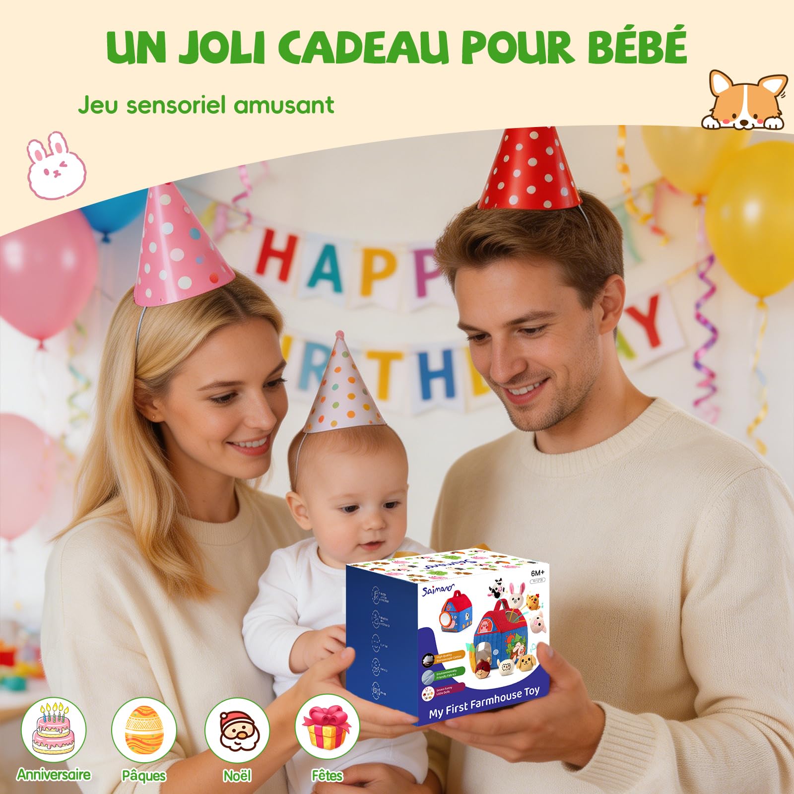 SAIMAND Jouet Bebe Animaux de la Ferme en Peluche, Jeux Sensoriel Montessori avec Grange, Hochets et Miroir, Jouet d’Éveil Bébé 0-3-6-9-12 Mois, Cadeau Bébé Enfant Garçon et Fille